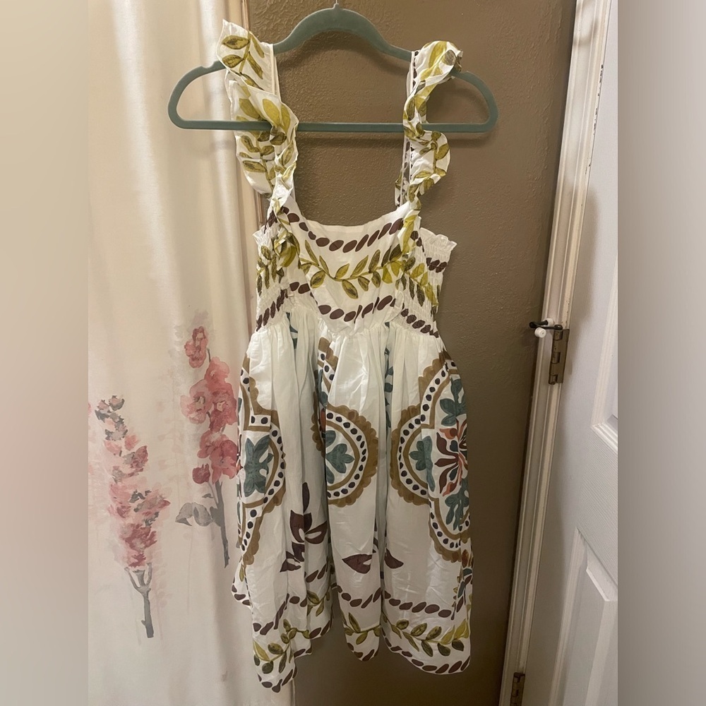 Anthropologie Ruffle-Sleeve Square-Neck Mini Dress Color:NEUTRAL MOTIF Large NWT - Picture 6 of 7